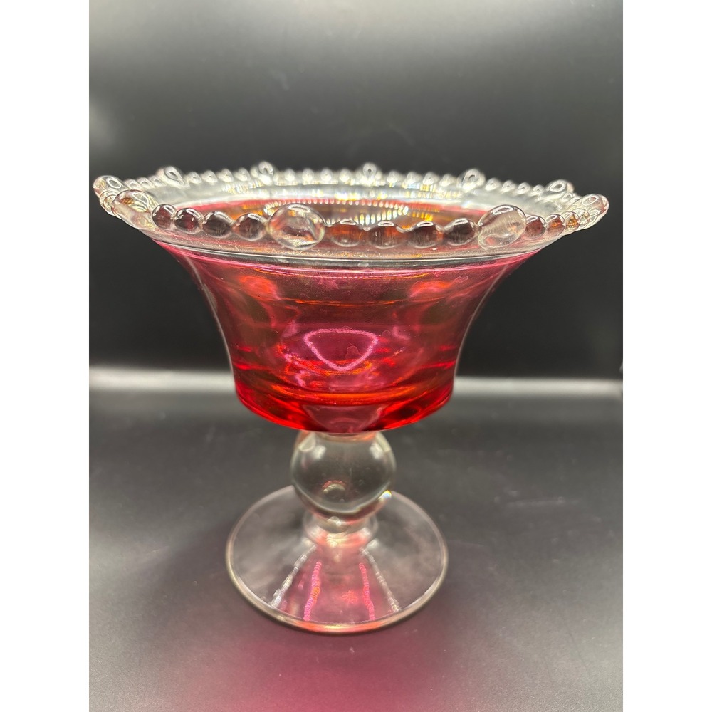 Vintage Ruby Red Glass Compote Pedestal Bowl Clear Ball Stem Beaded Rim 6.25in